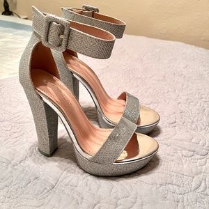 Silver sparkle platform ankle strap heels 7